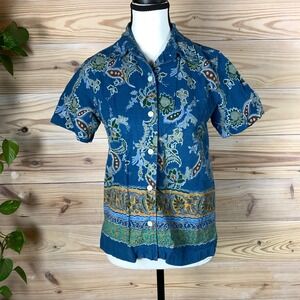 Vtg Erika Button Up Shirt Women PS Paisley‎ Linen Blend Short Sleeve Boho Top